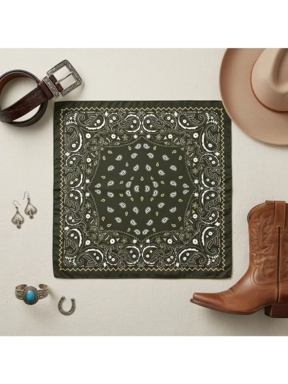 Dark Olive Green Paisley Wild Rag Scarf 27x27 Satin Western Cowgirl Cowboy